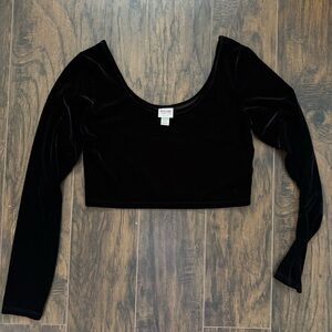 Black Velvet Long Sleeve Scoop Neck Crop Top - Women